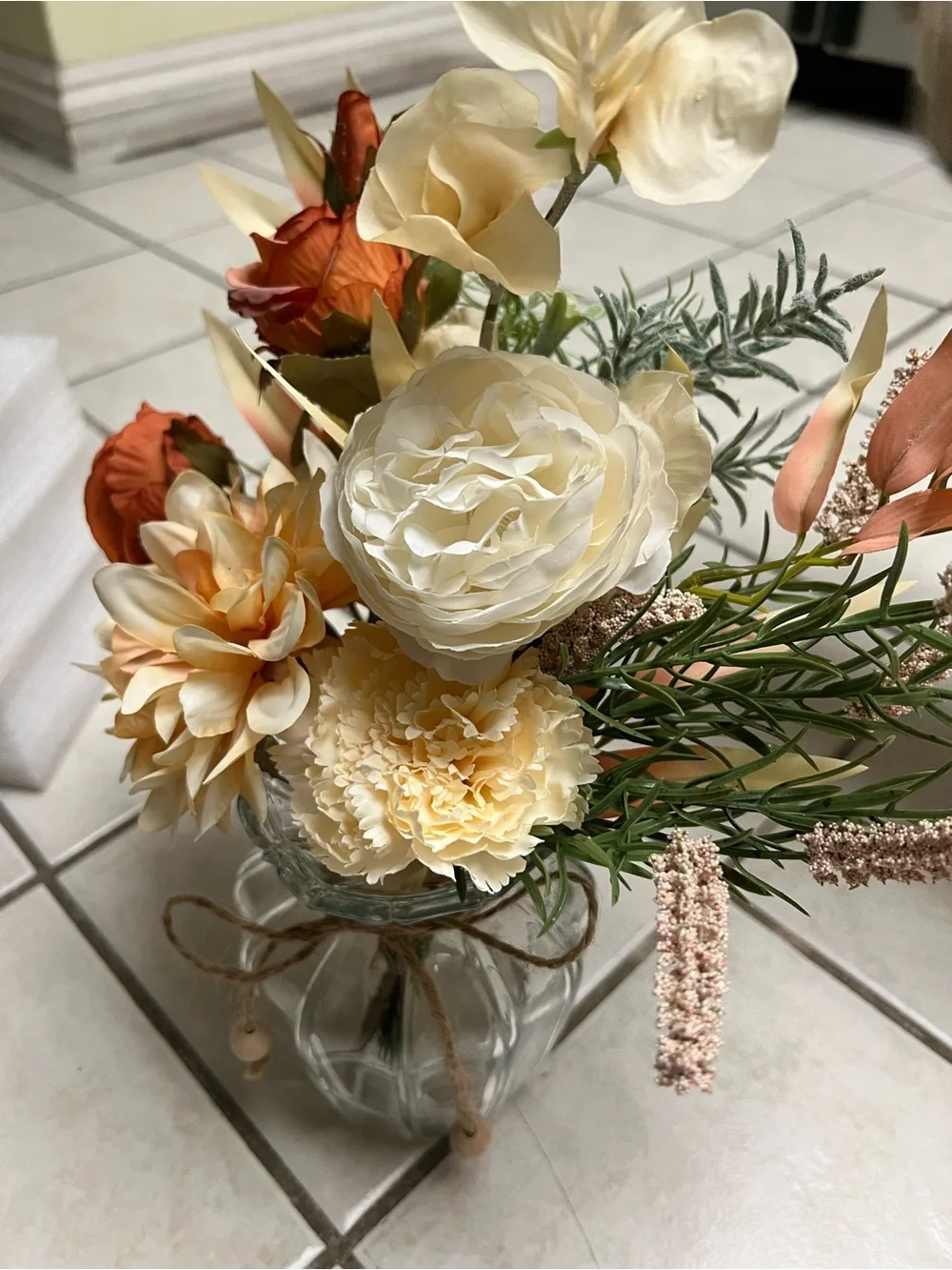 Artificial Cream and Peach Floral Arrangement in Glass Vase